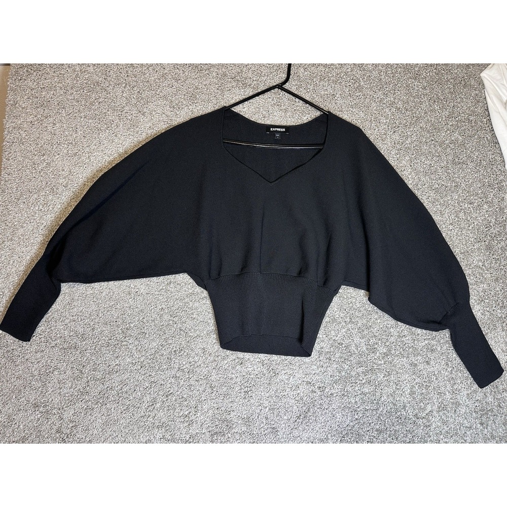 Express Womens S Black V-Neck Dolman Batwing Sleeve Ribbed Waist Sweater